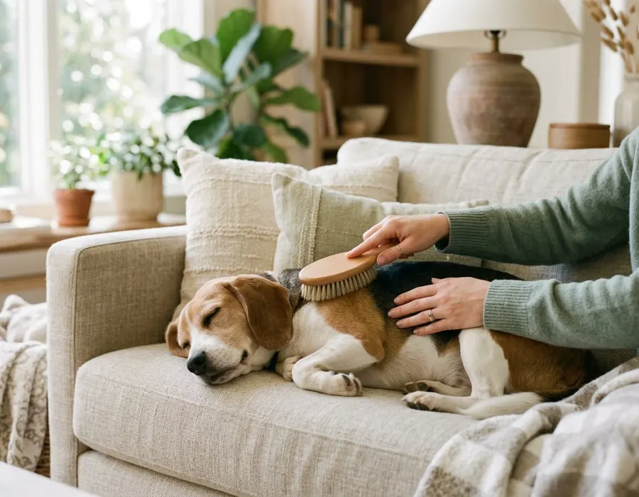 A person gently brushing a relaxed beagle on a linen sofa