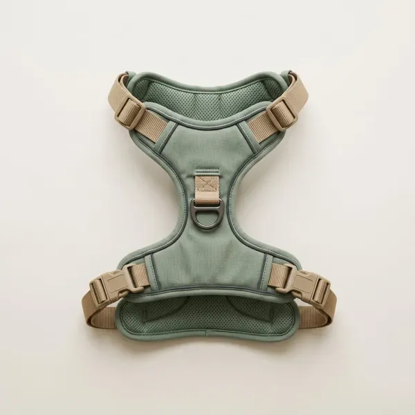 Sage-green padded dog harness with reflective trim