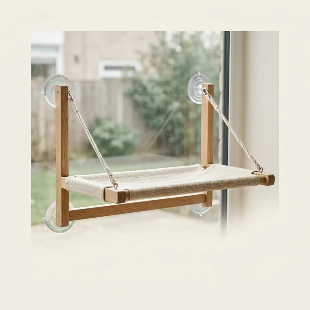 Cat window perch with light oak frame and canvas bed